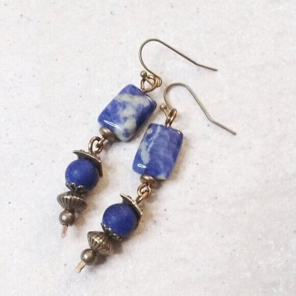 Blue Sodalite + Lapis Lazuli + Bronze ~ Handmade & One-of-a-kind Dangle Earrings - Picture 2 of 10